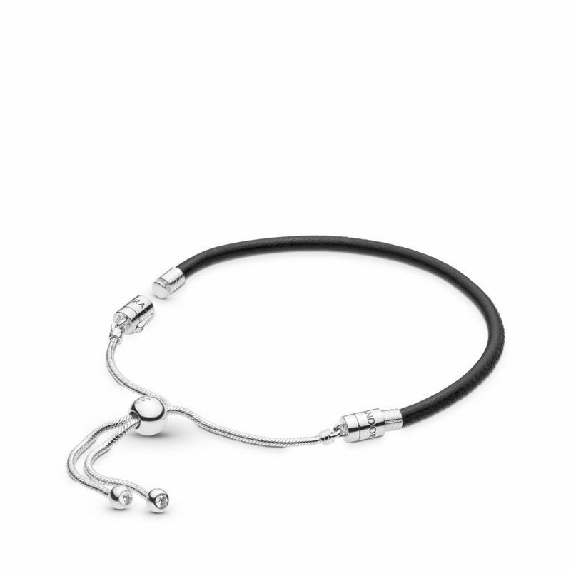 Pandora Sliding Black Leather Bracelet Ireland - Sterling Silver/Leather/Black/Cubic Zirconia - 7845